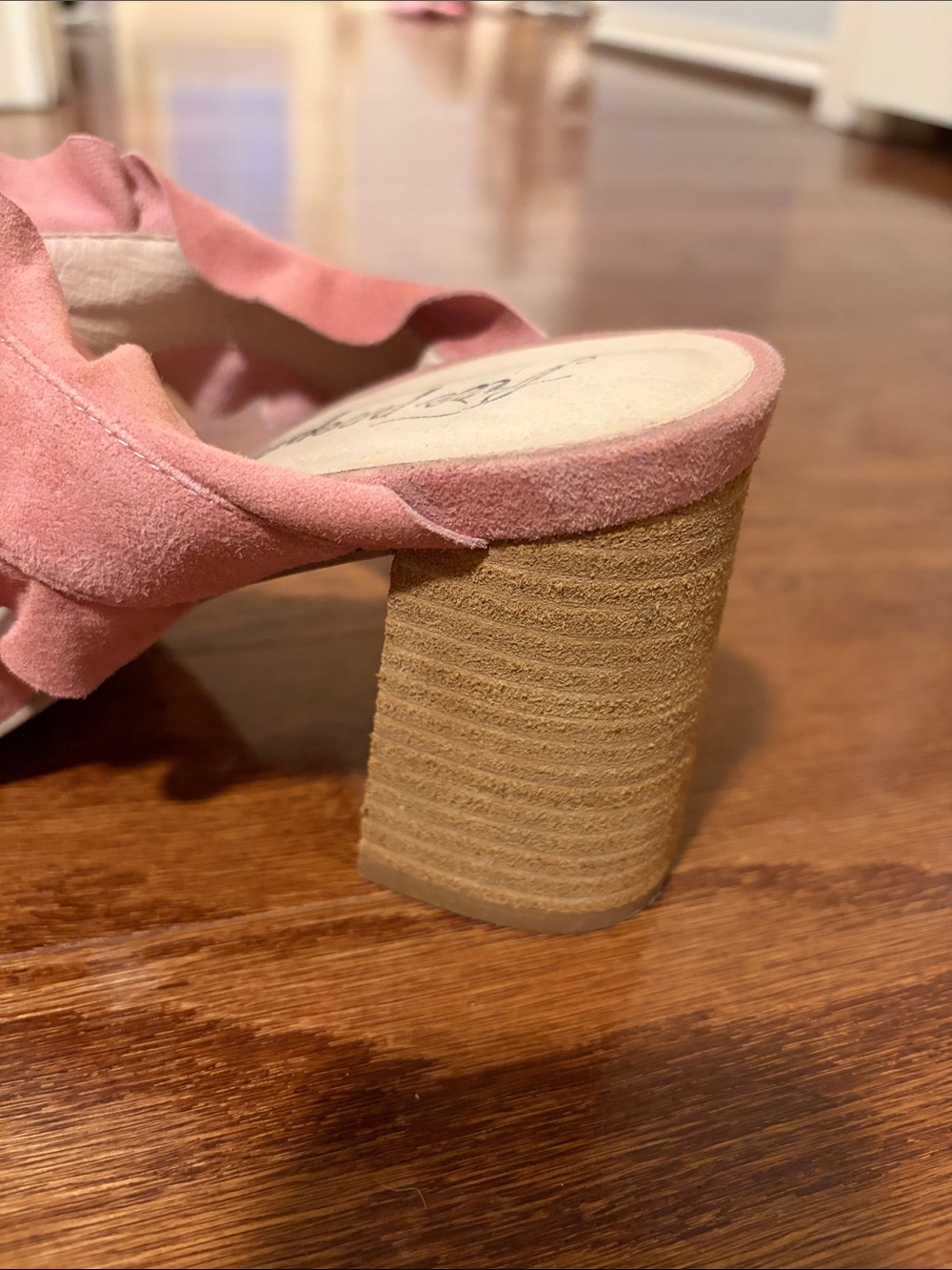 Used Free People Ruffled Pink Block Heel Mules - Picture 7 of 11